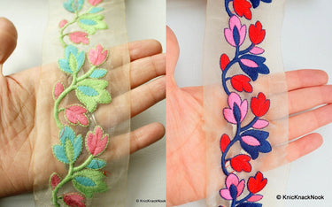 Gold Sheer Trim With Red, Blue And Pink Floral Embroidery, Approx. 65mm Wide